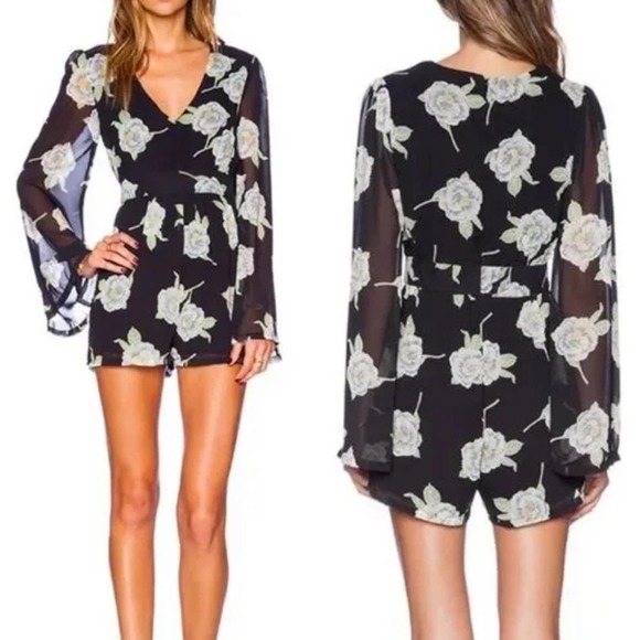 Mink Pink Pants - Mink Pink Romper Floral Long Sleeve Oriental Bloom Sheer One Piece Black S EUC